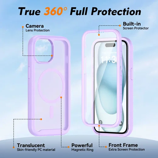 Apple iPhone 15 Hoesje Full Protect 360° Cover met MagSafe Matte Paars afbeelding 6