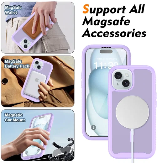 Apple iPhone 15 Hoesje Full Protect 360° Cover met MagSafe Matte Paars afbeelding 5