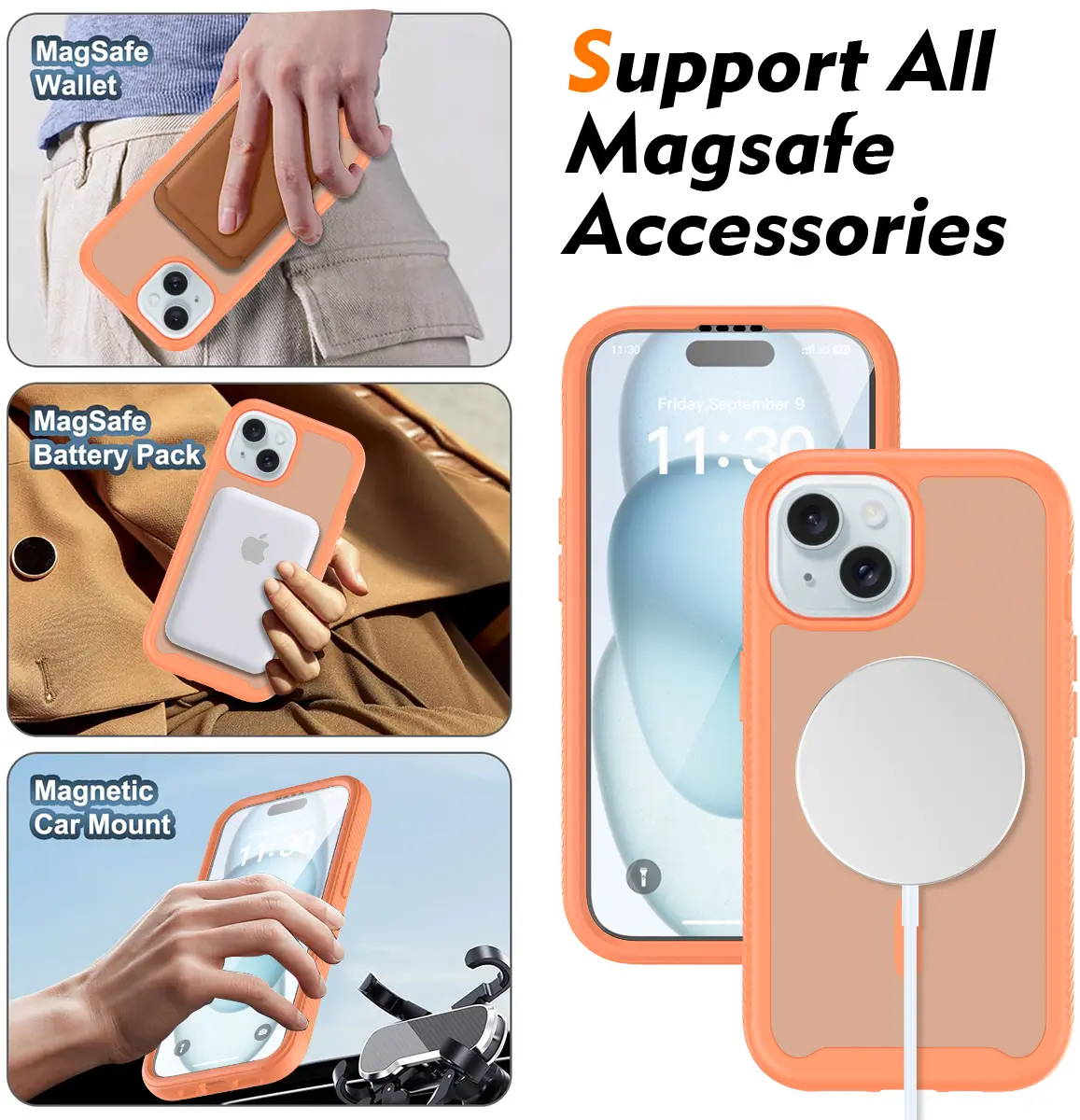 Apple iPhone 15 Hoesje Full Protect 360° Cover met MagSafe Matte Oranje afbeelding 6