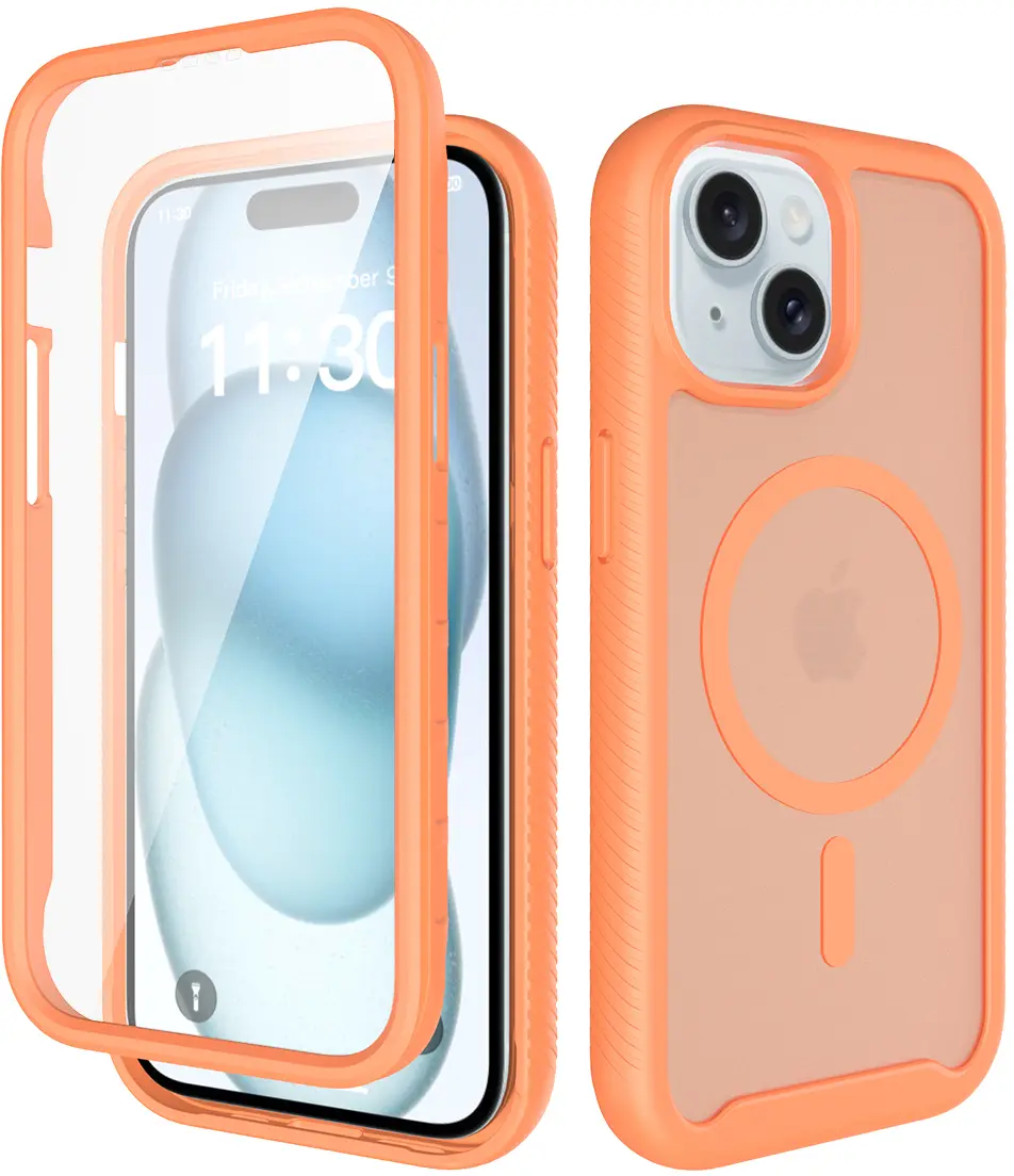 Apple iPhone 15 Hoesje Full Protect 360° Cover met MagSafe Matte Oranje afbeelding 1