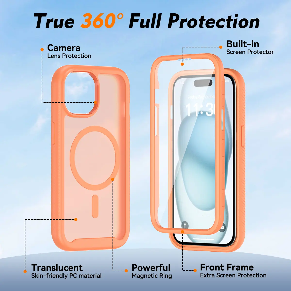 Apple iPhone 15 Hoesje Full Protect 360° Cover met MagSafe Matte Oranje afbeelding 8