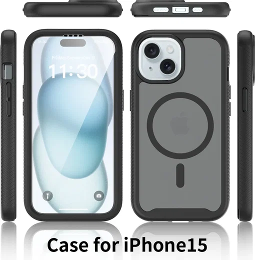 Apple iPhone 15 Hoesje Full Protect 360° Cover met MagSafe Matte Zwart afbeelding 7