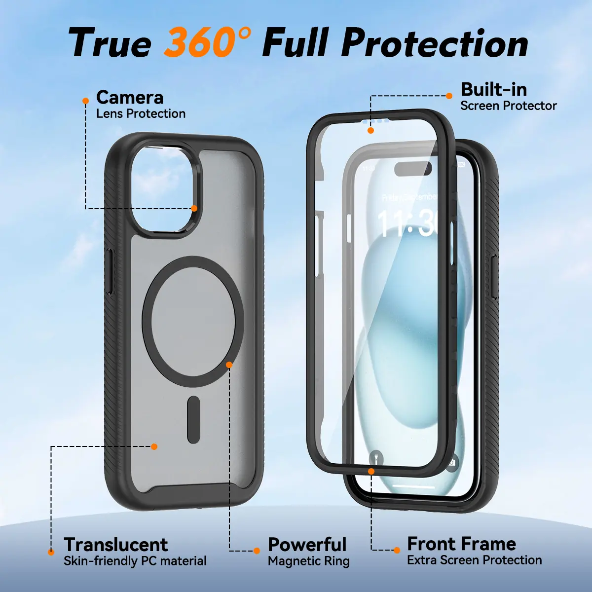 Apple iPhone 15 Hoesje Full Protect 360° Cover met MagSafe Matte Zwart afbeelding 6