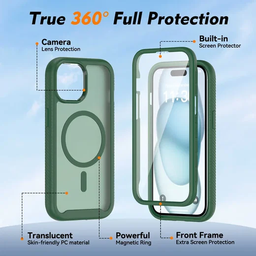 Apple iPhone 15 Hoesje Full Protect 360° Cover met MagSafe Matte Groen afbeelding 8
