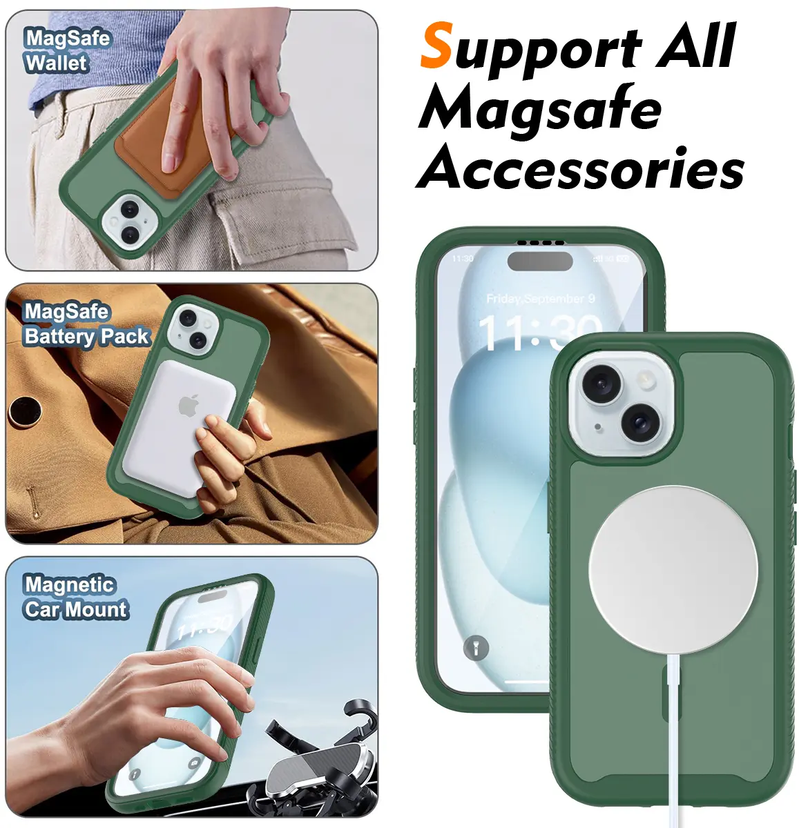 Apple iPhone 15 Hoesje Full Protect 360° Cover met MagSafe Matte Groen afbeelding 5