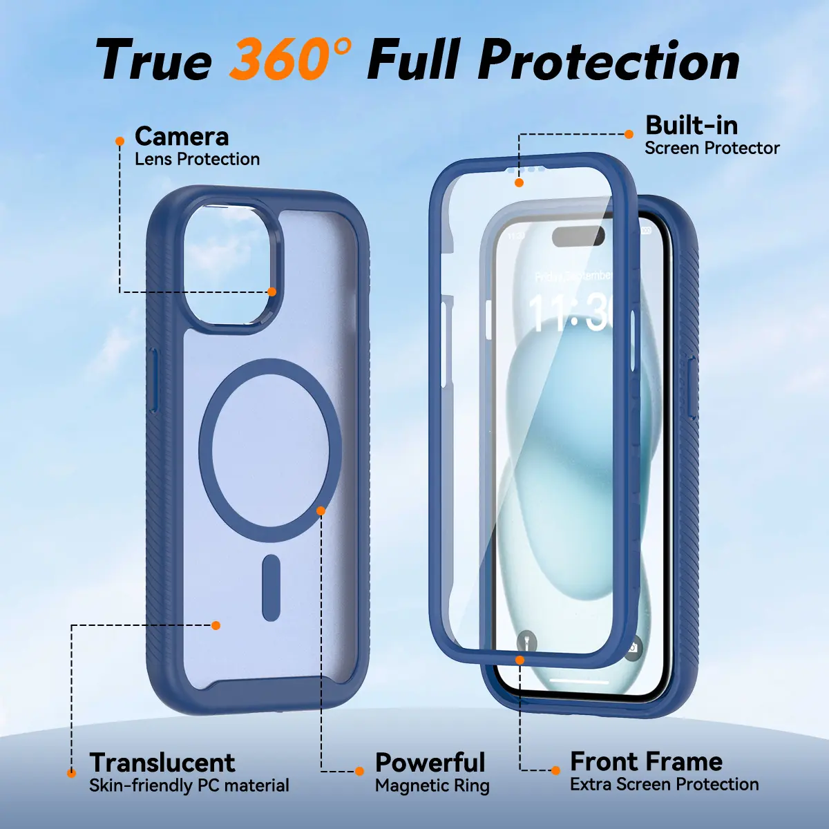 Apple iPhone 15 Hoesje Full Protect 360° Cover met MagSafe Matte Blauw afbeelding 7