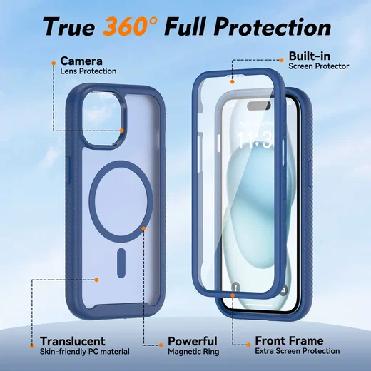 Apple iPhone 15 Hoesje Full Protect 360° Cover met MagSafe Matte Blauw afbeelding 7