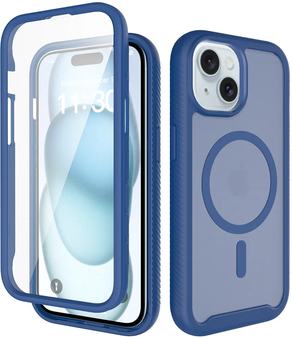 Apple iPhone 15 Hoesje Full Protect 360° Cover met MagSafe Matte Blauw afbeelding 1