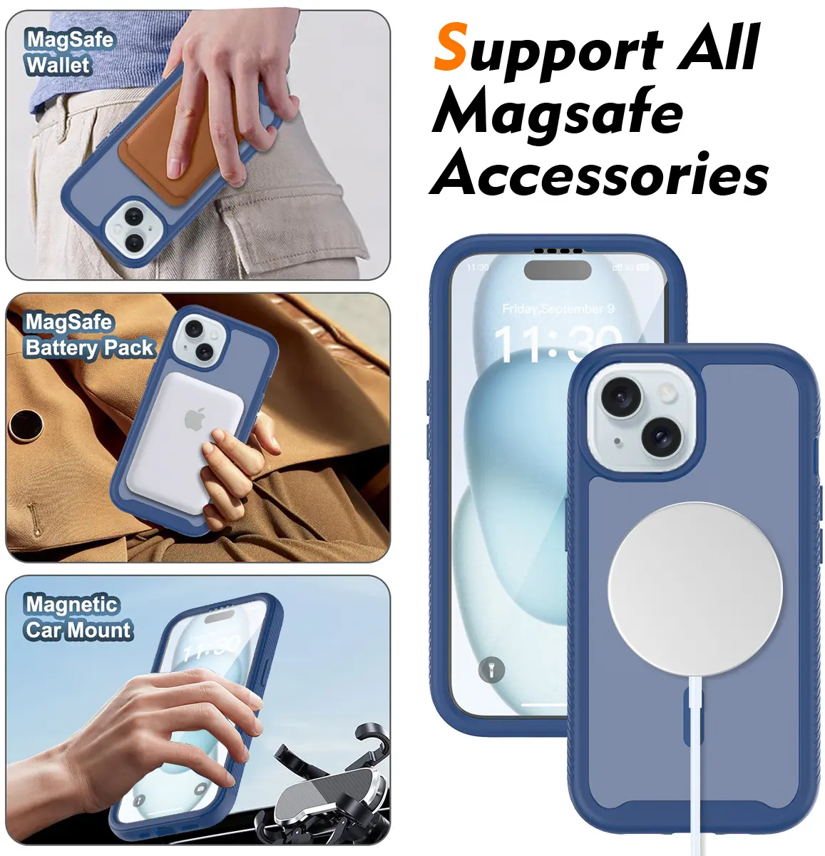 Apple iPhone 15 Hoesje Full Protect 360° Cover met MagSafe Matte Blauw afbeelding 4