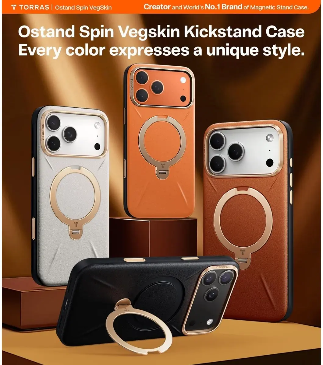 TORRAS Q Pro Leather iPhone 17 Pro Hoesje MagSafe 360° Kickstand Grijs afbeelding 8