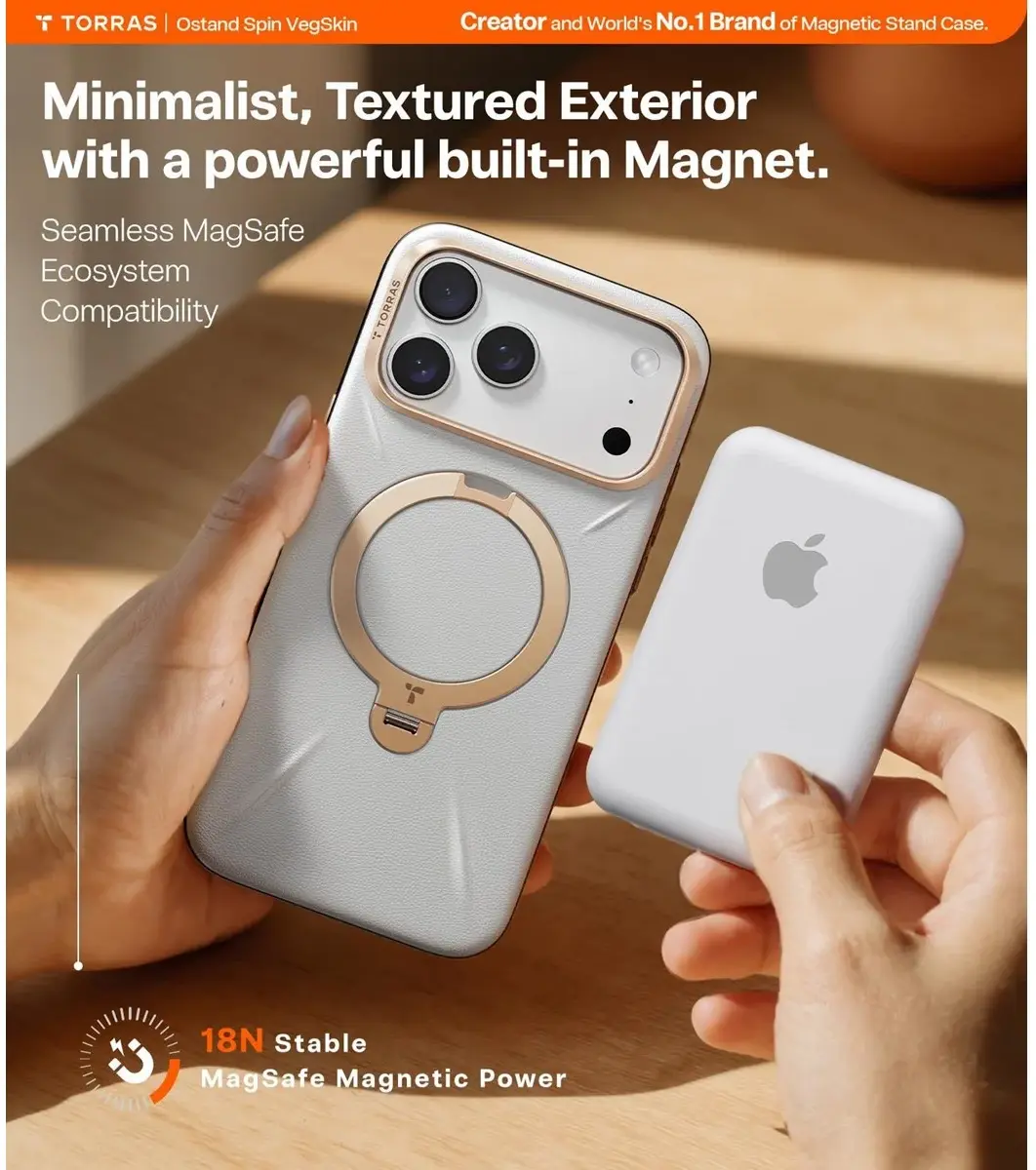 TORRAS Q Pro Leather iPhone 17 Pro Hoesje MagSafe 360° Kickstand Grijs afbeelding 6