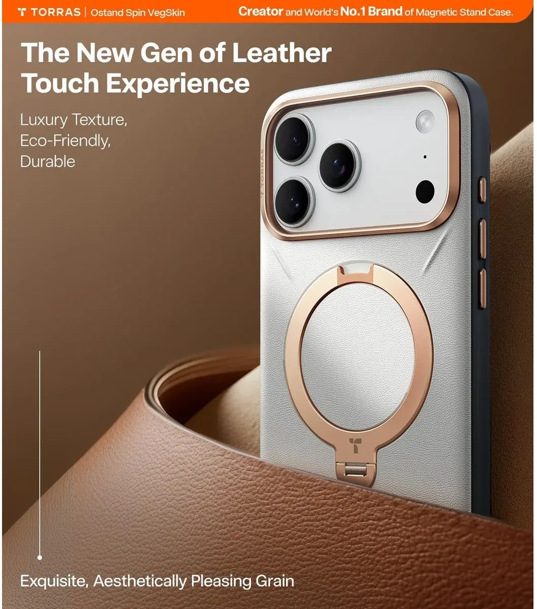 TORRAS Q Pro Leather iPhone 17 Pro Hoesje MagSafe 360° Kickstand Grijs afbeelding 3