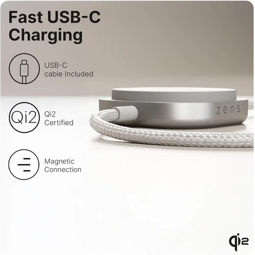 ZENS Pro 2 USB-C naar USB-C Kabel 140W met Draadloze Qi2 15W Oplader 1,5M Wit afbeelding 4