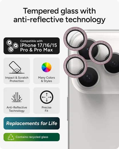 ZAGG Camera Rings iPhone 17 Pro (Max)/16 Pro (Max) CameraProtector Roze Glitter afbeelding 2