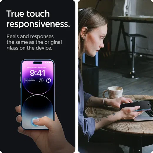 Spigen EZ Fit Glas.tR iPhone 14 Pro Max Privacy Screen Protector 2-Pack afbeelding 4
