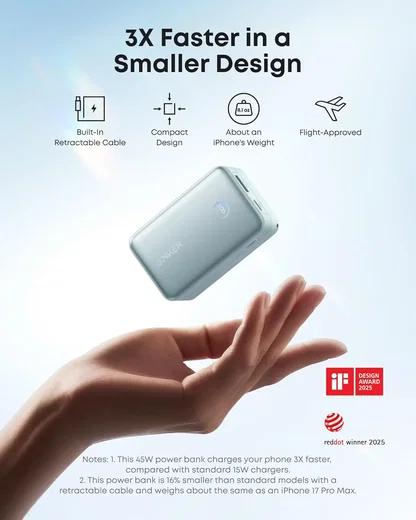 Anker Nano (45W) 10.000 mAh Powerbank Vaste USB-C Kabel Blauw afbeelding 5