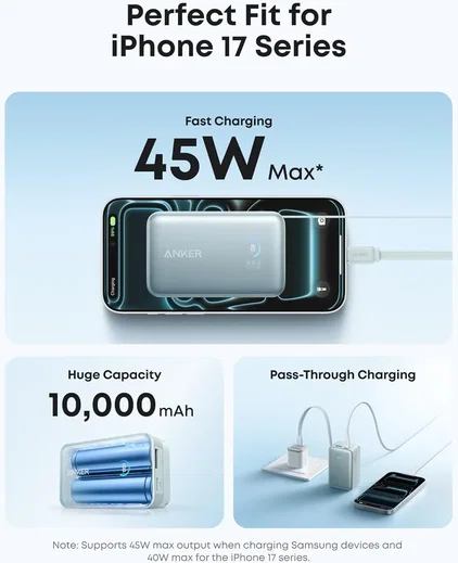 Anker Nano (45W) 10.000 mAh Powerbank Vaste USB-C Kabel Blauw afbeelding 4