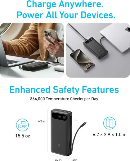 Anker A1383 Powerbank 20.000 mAh 87W met ingebouwde USB-C kabel Zwart afbeelding 4