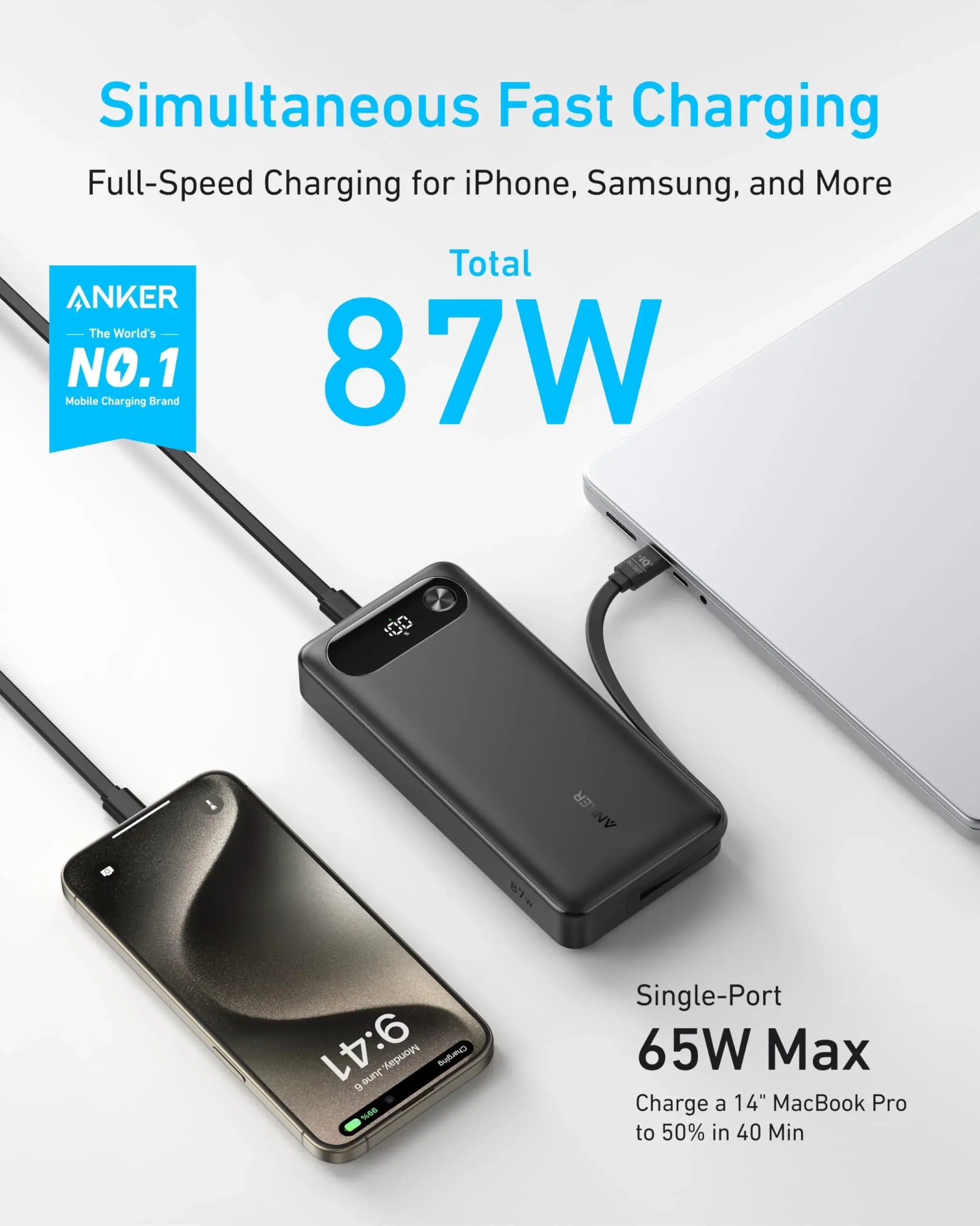 Anker A1383 Powerbank 20.000 mAh 87W met ingebouwde USB-C kabel Zwart afbeelding 2