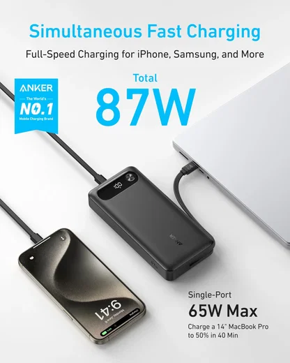 Anker A1383 Powerbank 20.000 mAh 87W met ingebouwde USB-C kabel Zwart afbeelding 2