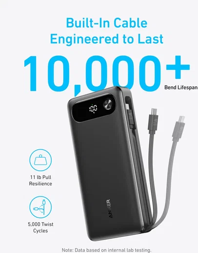 Anker A1383 Powerbank 20.000 mAh 87W met ingebouwde USB-C kabel Zwart afbeelding 5