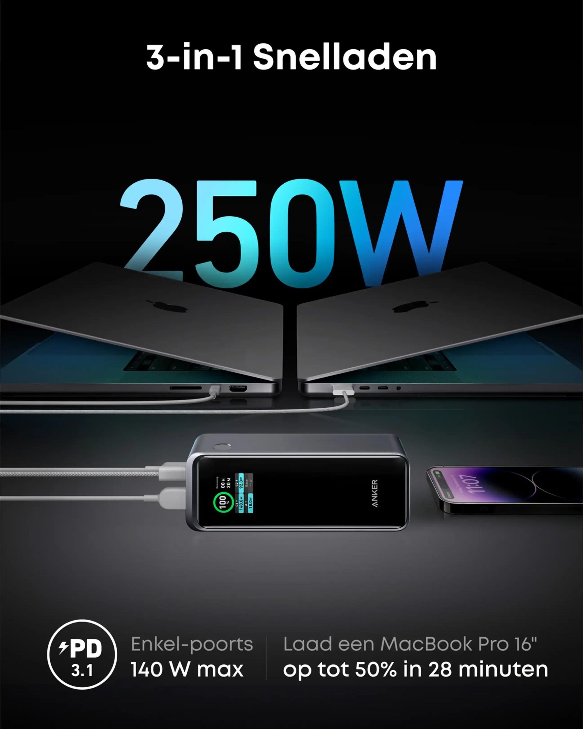 Anker Prime (250W) 27.650 mAh Powerbank Laptop/Macbook met 140W snelladen Zwart afbeelding 3
