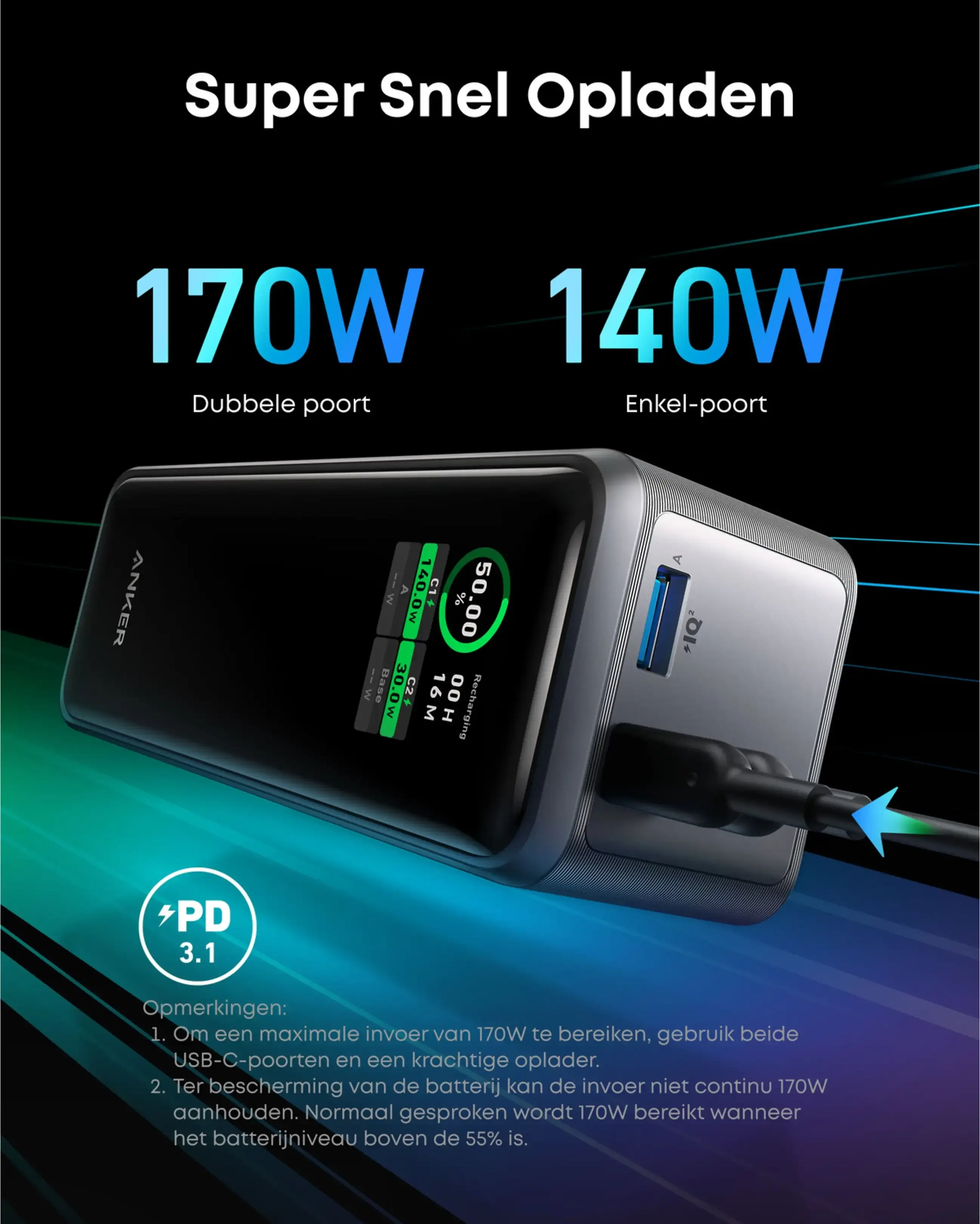 Anker Prime (250W) 27.650 mAh Powerbank Laptop/Macbook met 140W snelladen Zwart afbeelding 6
