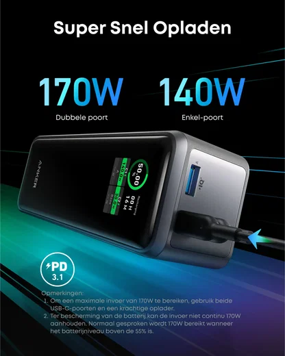 Anker Prime (250W) 27.650 mAh Powerbank Laptop/Macbook met 140W snelladen Zwart afbeelding 6