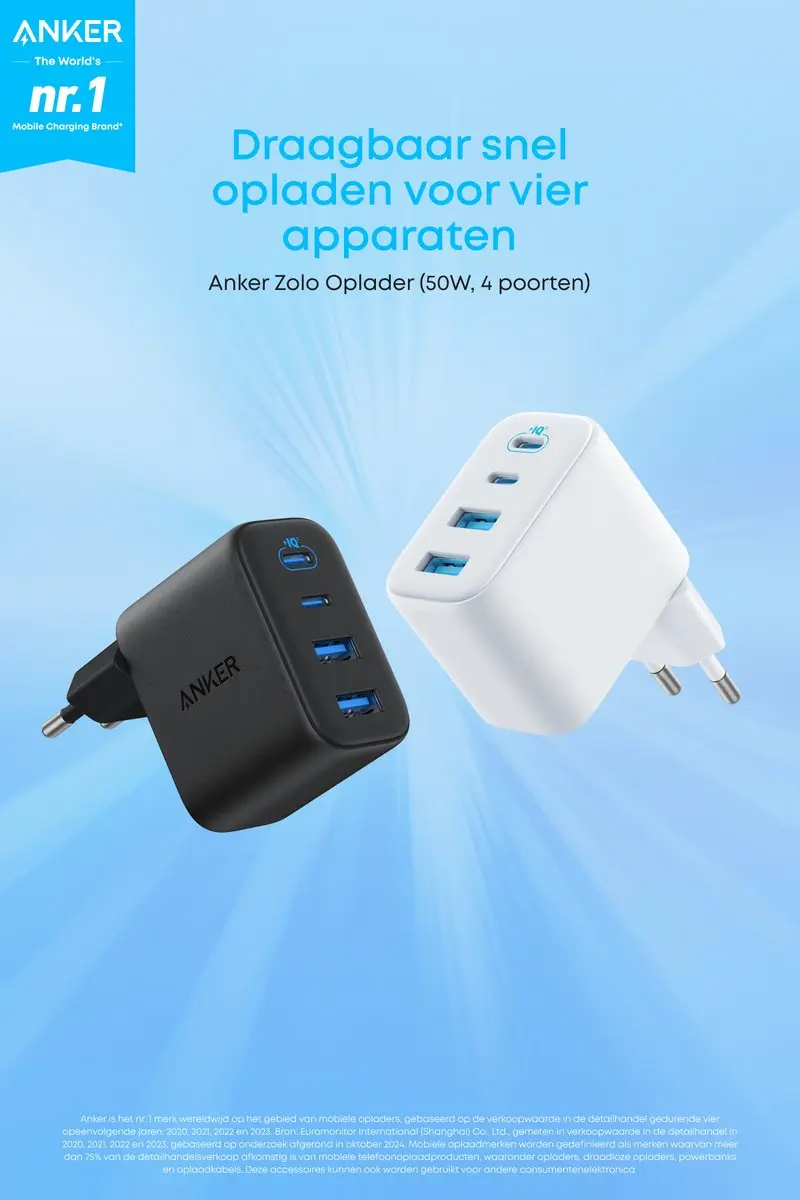 Anker Zolo (50W) 2x USB-A / 2x USB-C GaN Snellader Power Delivery Zwart afbeelding 10