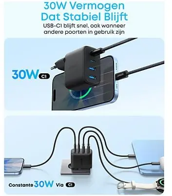 Anker Zolo (50W) 2x USB-A / 2x USB-C GaN Snellader Power Delivery Zwart afbeelding 3