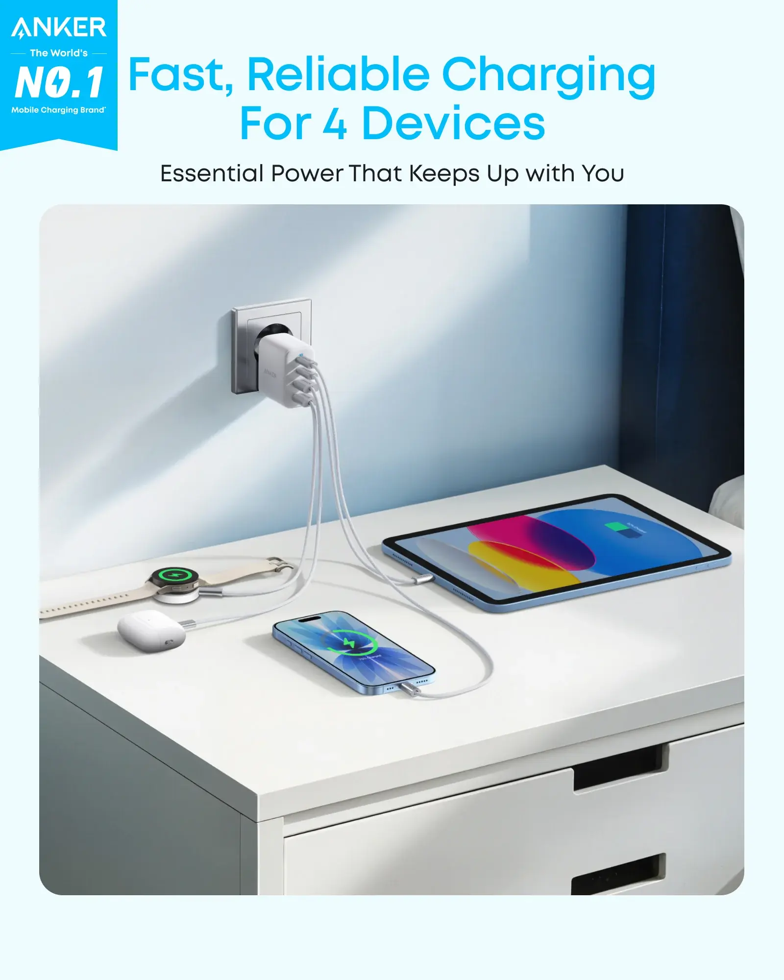 Anker Zolo (50W) 2x USB-A / 2x USB-C GaN Snellader Power Delivery Wit afbeelding 2