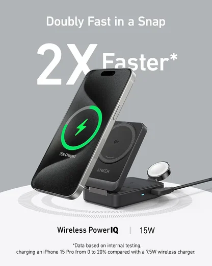 Anker MagGo 15W 3-in-1 Draadloze MagSafe / Qi2 Oplader Smartphone/AirPods/Watch afbeelding 3