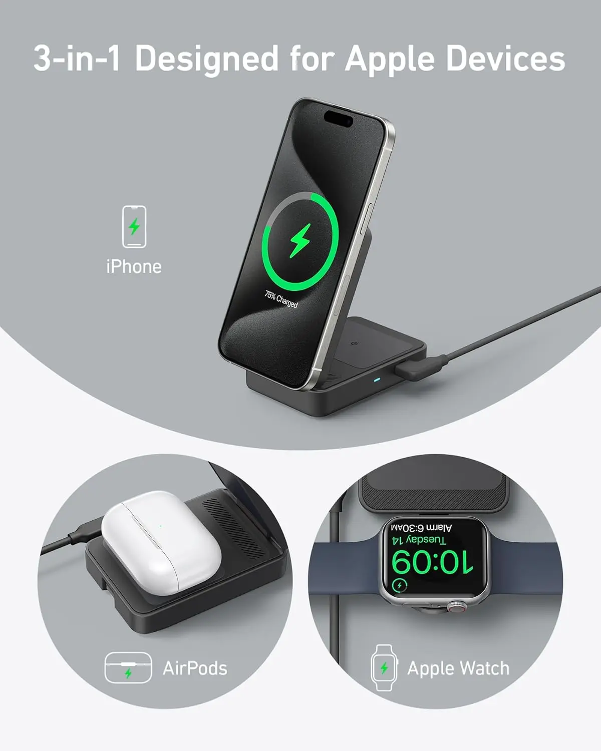 Anker MagGo 15W 3-in-1 Draadloze MagSafe / Qi2 Oplader Smartphone/AirPods/Watch afbeelding 6