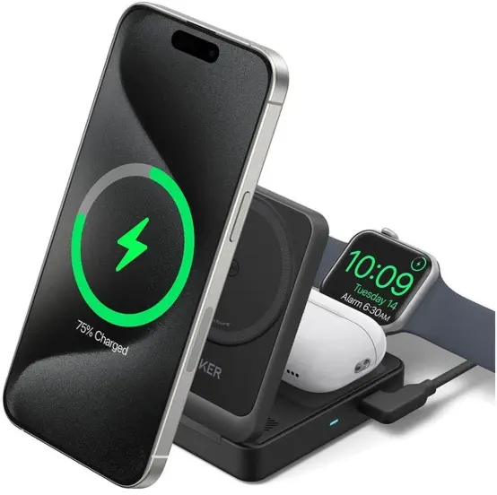 Anker MagGo 15W 3-in-1 Draadloze MagSafe / Qi2 Oplader Smartphone/AirPods/Watch afbeelding 3
