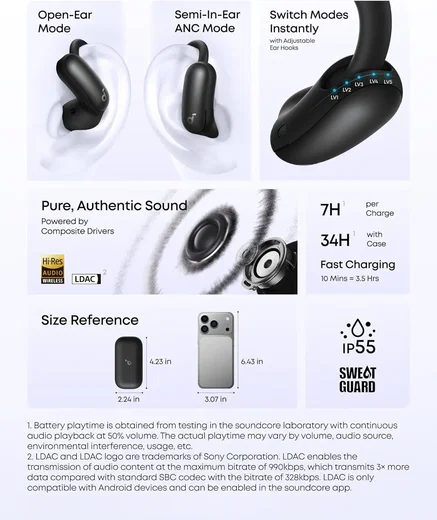 Anker Soundcore AeroFit 2 Pro 2-in-1 Draadloze Bluetooth 6.1 Oordopjes Zwart afbeelding 8