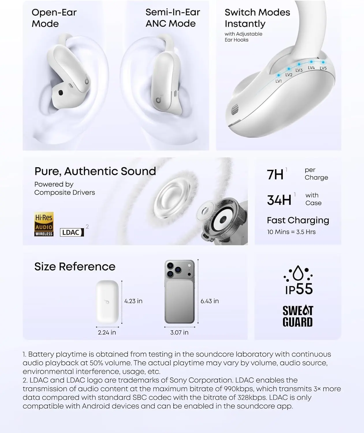 Anker Soundcore AeroFit 2 Pro 2-in-1 Draadloze Bluetooth 6.1 Oordopjes Wit afbeelding 8