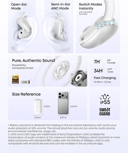 Anker Soundcore AeroFit 2 Pro 2-in-1 Draadloze Bluetooth 6.1 Oordopjes Wit afbeelding 8