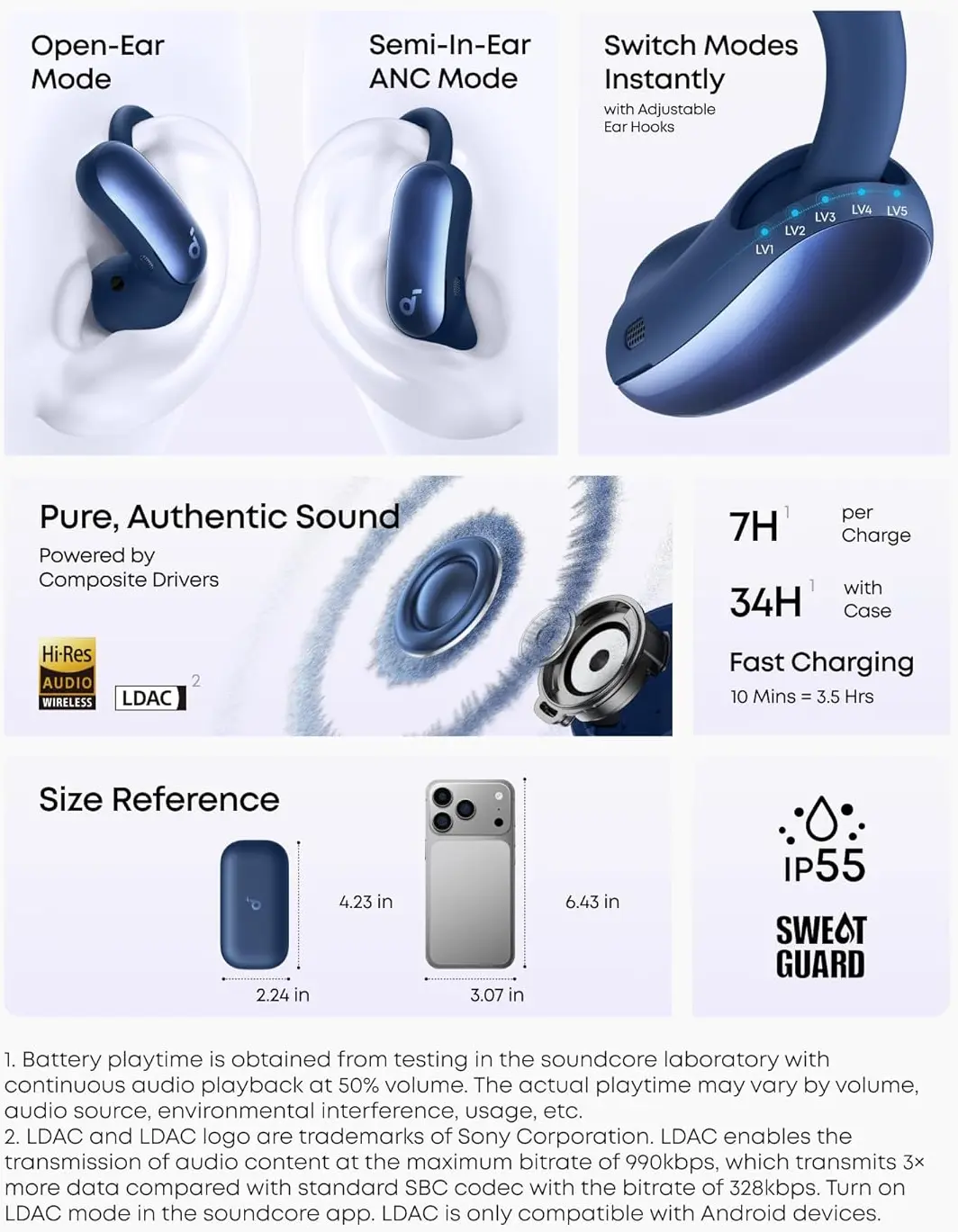 Anker Soundcore AeroFit 2 Pro 2-in-1 Draadloze Bluetooth 6.1 Oordopjes Blauw afbeelding 9