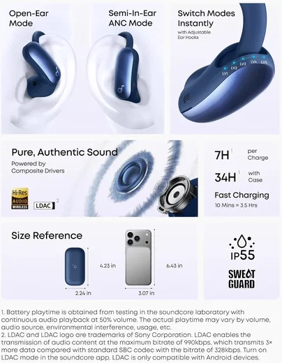 Anker Soundcore AeroFit 2 Pro 2-in-1 Draadloze Bluetooth 6.1 Oordopjes Blauw afbeelding 9