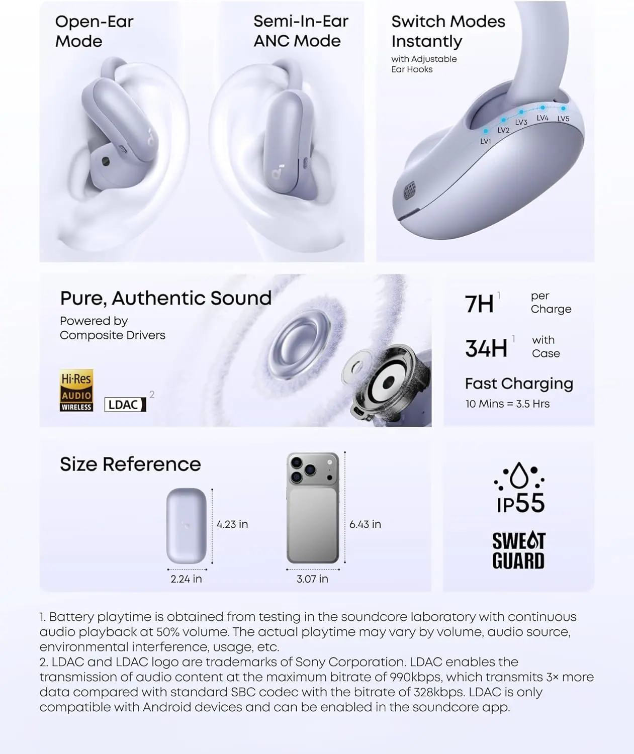 Anker Soundcore AeroFit 2 Pro 2-in-1 Draadloze Bluetooth 6.1 Oordopjes Paars afbeelding 8