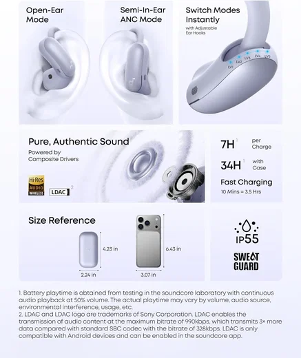 Anker Soundcore AeroFit 2 Pro 2-in-1 Draadloze Bluetooth 6.1 Oordopjes Paars afbeelding 8