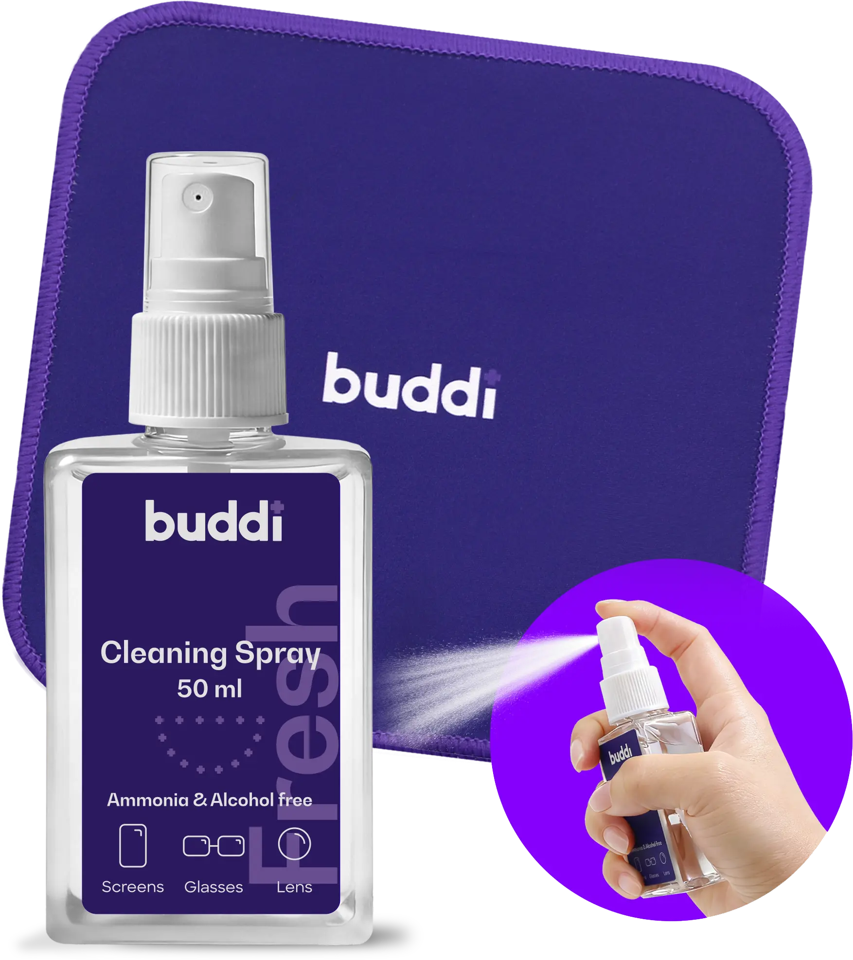 Buddi Fresh Schoonmaak Set Microvezel Doek met Spray 50ml afbeelding 1