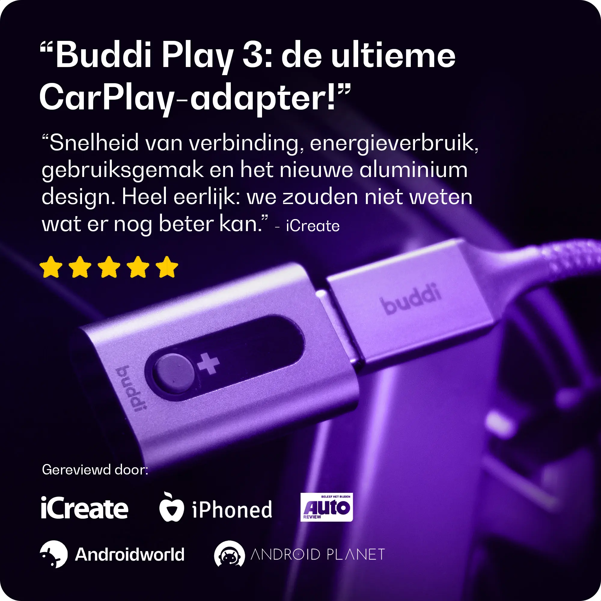 Buddi Play 3 Bluetooth Apple CarPlay & Android Auto Adapter afbeelding 4