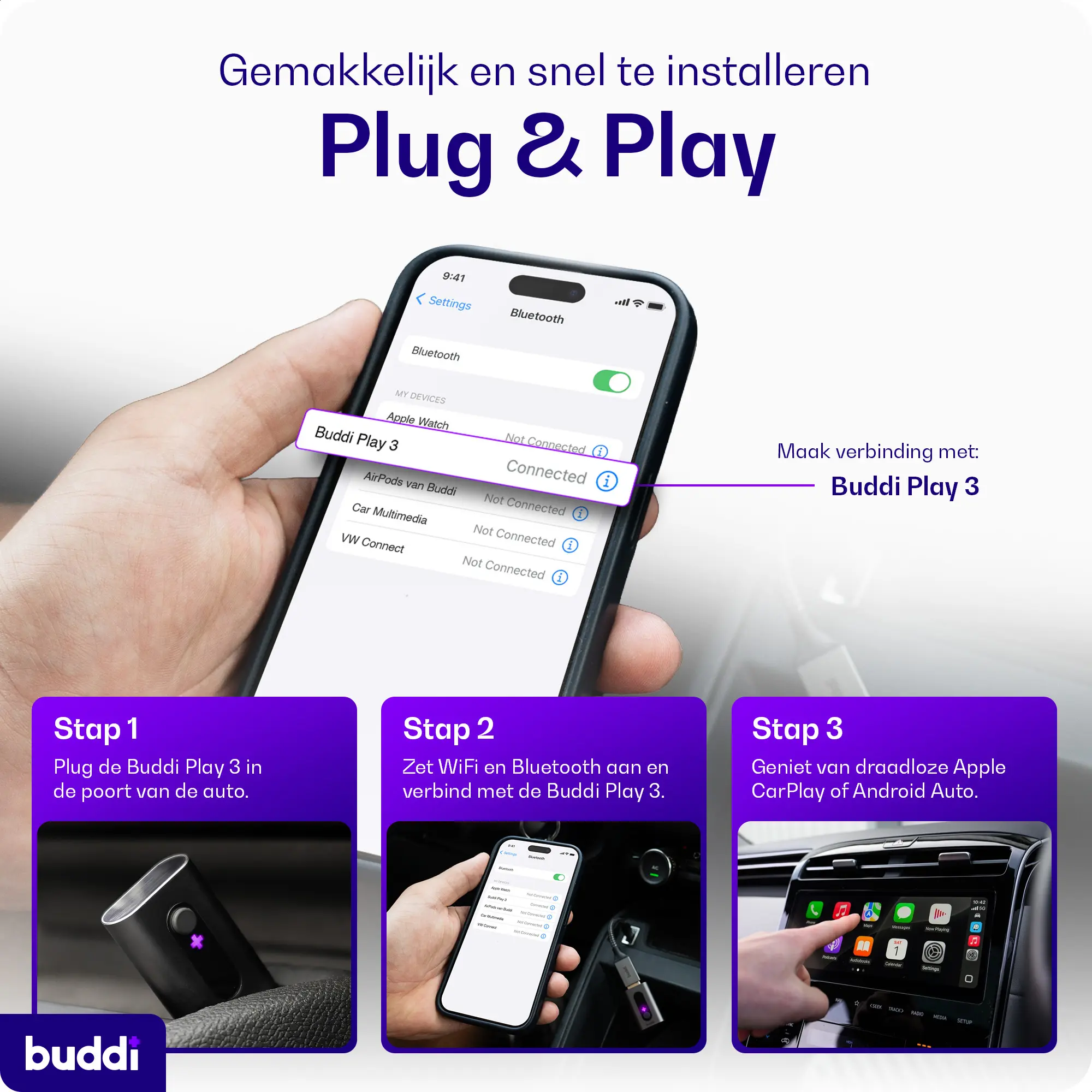 Buddi Play 3 Bluetooth Apple CarPlay & Android Auto Adapter afbeelding 4