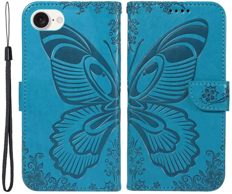 Apple iPhone 17e / 16e Hoesje Wallet Vlinder Book Case Kunstleer Blauw afbeelding 1