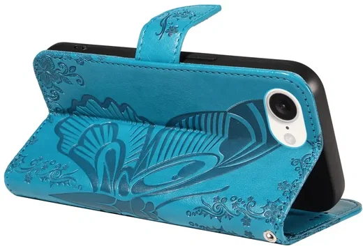 Apple iPhone 17e / 16e Hoesje Wallet Vlinder Book Case Kunstleer Blauw afbeelding 6