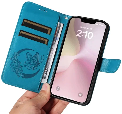 Apple iPhone 17e / 16e Hoesje Wallet Vlinder Book Case Kunstleer Blauw afbeelding 7