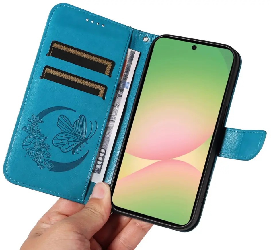 Samsung Galaxy A57 Hoesje Wallet Vlinder Book Case Kunstleer Blauw afbeelding 11