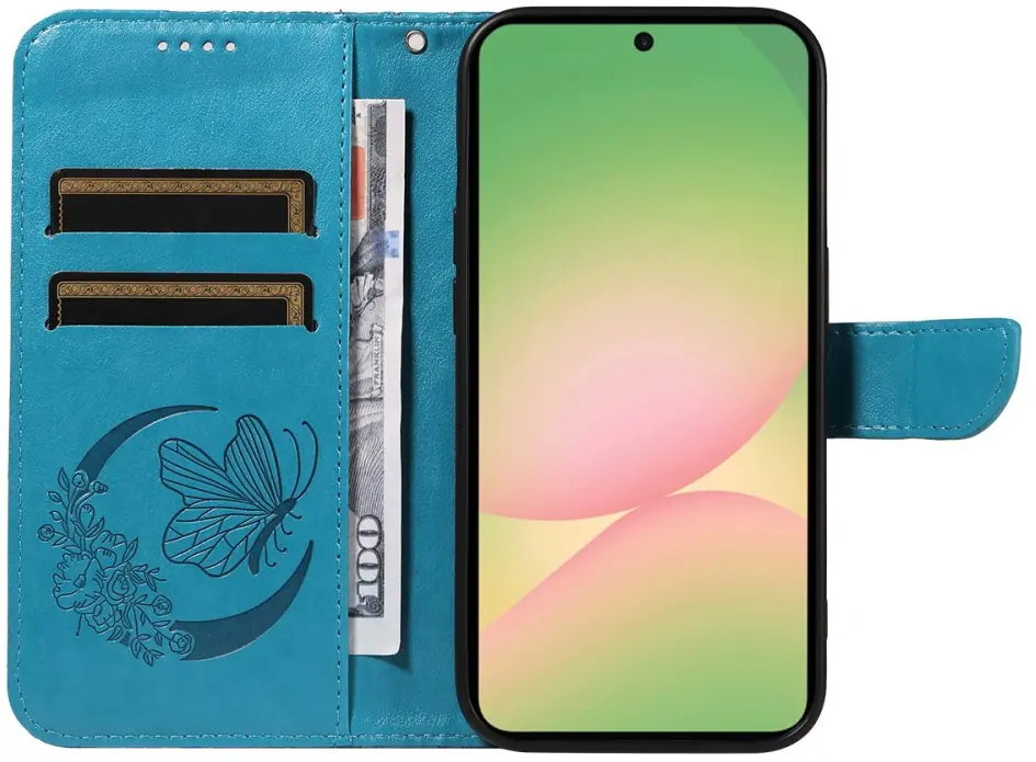 Samsung Galaxy A57 Hoesje Wallet Vlinder Book Case Kunstleer Blauw afbeelding 5