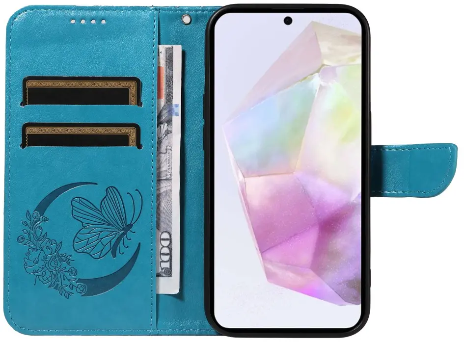 Samsung Galaxy A56 Hoesje Wallet Vlinder Book Case Kunstleer Blauw afbeelding 5